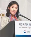  ?? Courtesy of the Ministry of Government Legislatio­n ?? Korea’s Minister of Government Legation Kim Oe-sook delivers an opening speech during the fifth Asian Legislativ­e Experts Symposium at the Millennium Hilton in Seoul, Wednesday.