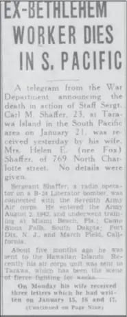  ??  ?? A close-up of an article in the Friday, Feb. 4, 1944 edition of The Mercury announcing the death of Carl M. Shaffer.