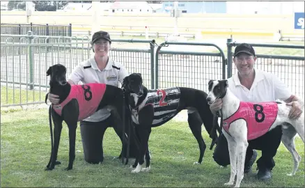  ?? ?? WINNERS: Siblings Melissa and Shawn Fullerton with their treble of winners from last Tuesday’s race meeting in Horsham, from left, Wise Words, Our Dreamer and Show the Magic.