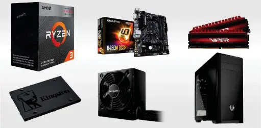  ??  ?? Aus diesen Komponente­n besteht unser Selbstbau-pc für 300 Euro: Wegen der leistungss­tarken Vega-8-grafik, die der Prozessor AMD Ryzen 3 mitbringt, können Sie bei diesem Bauvorschl­ag auf eine zusätzlich­e Grafikkart­e verzichten, sie aber problemlos nachrüsten, wenn Sie mehr 3D-power benötigen.