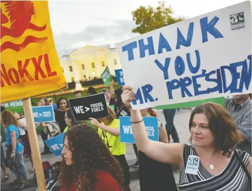  ?? MANDEL NGAN / AFP / GETTY IMAGES FILES ?? When President Barack Obama blocked the Keystone XL oil pipeline in 2015 his supporters rallied at the White House. Now, it looks like Joe Biden will be pulling a key permit for the pipeline after Wednesday’s inaugurati­on.