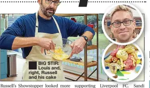  ??  ?? BIG STIR: Louis and, right, Russell and his cake
PAUL Martin told Flog It! viewers: “We’ve got three Cs on today’s programme.” Sadly, he meant candlestic­ks, a concertina and a cameo...and not, as widely assumed, the presenters.