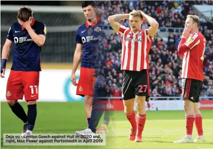  ??  ?? Deja vu - Lyndon Gooch against Hull in 2020 and, right, Max Power against Portsmouth in April 2019