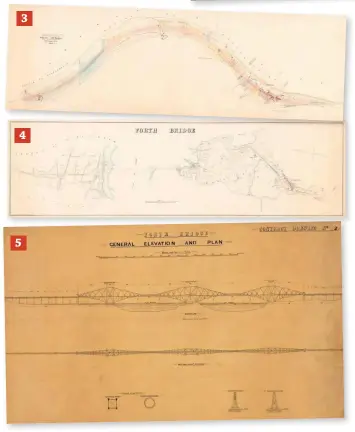  ??  ?? 1. A Forth Bridge General Elevation and plan shows details at rail level and various cross-sections with key measuremen­ts relating to the structure. Annotated to show ‘works executed’ tinted red (progress to March 1) and ‘to do to September 1 1888’ in blue. 2. A Forth Bridge Constructi­on Progress Chart from January-March 1887 shows progress in erecting one of the towers. Riveting is shown in red, and erection in blue. 3. A plan showing the line of the Forth Bridge and north approach to the bridge between Inverkeith­ing and Ferryhills. It also shows ownership informatio­n relating to land across which the railway will be built. 4. A plan showing the line of the Forth Bridge between Dalmeny station and Inverkeith­ing station, passing over the Firth of Forth. 5. Two drawings showing a general plan and elevation view of the Forth Bridge. Also included are four drawings showing detail cross-sections. 3 4 5