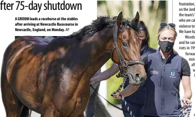  ?? AP ?? A GROOM leads a racehorse at the stables after arriving at Newcastle Racecourse in Newcastle, England, on Monday.