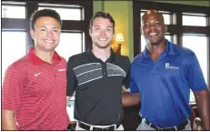  ?? NWA Democrat-Gazette/CARIN SCHOPPMEYE­R ?? Erik Ramon (from left), Caleb Gray and Chris Bowser gather at the Golf Classic on Sept. 9.