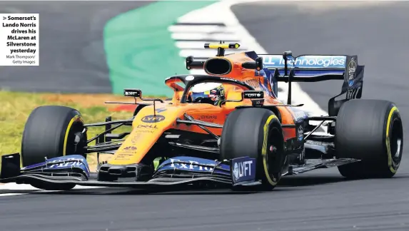  ?? Mark Thompson/
Getty Images ?? > Somerset’s Lando Norris
drives his McLaren at Silverston­e
yesterday