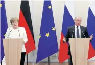  ??  ?? HEAD TO HEAD: Russian President Vladimir Putin and German Chancellor Angela Merkel at a joint news conference in Sochi in Russia in May.