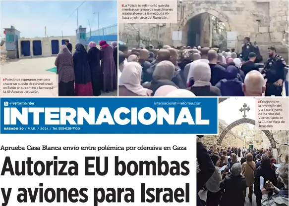  ?? ?? Palestinos esperaron ayer para cruzar un puesto de control israelí en Belén en su camino a la mezquita Al-Aqsa de Jerusalén.
La Policía israelí montó guardia mientras un grupo de musulmanes rezaba afuera de la mezquita AlAqsa en el marco del Ramadán.