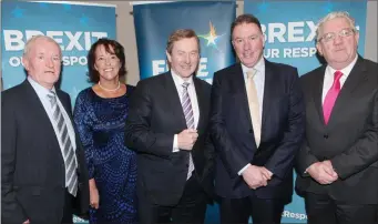  ??  ?? Tony McLoughlin TD, Bernie Butler, Good4U, An Taoiseach Enda Kenny TD, Aaron Forde, CEO Aurivo Cooperativ­e and Joe Dolan, Hotels federation of Ireland, guest speakers at the Brexit meeting in The Sligo Park Hotel last Friday evening. Pics: Carl Brennan.