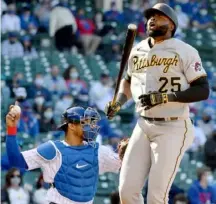  ?? Matt Freed/Post-Gazette ?? Gregory Polanco reacts to a called strike against the Cubs in the eighth inning Sunday at Wrigley Field. The right fielder, who is in the final guaranteed year of his contract, is hitting .150 through seven games.