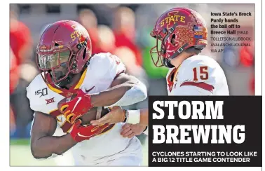  ??  ?? Iowa State’s Brock Purdy hands the ball off to Breece Hall [BRAD TOLLEFSON/LUBBOCK AVALANCHE-JOURNAL VIA AP]