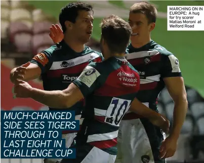  ??  ?? MARCHING ON IN EUROPE: A hug for try scorer Matias Moroni at Welford Road