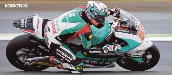  ?? AFP PIC ?? Petronas Raceline’s Hafizh Syahrin qualified sixth in Moto2 qualifying for the Japanese Grand Prix at Twin Ring Motegi circuit in Tochigi yesterday.