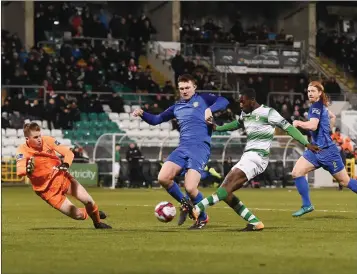  ??  ?? Dan Carr of Shamrock Rovers scores his side’s third goal during the SSE Airtricity League Premier Division match between Shamrock Rovers and Bray Wanderers at Tallaght Stadium. Photo by Eóin Noonan/Sportsfile