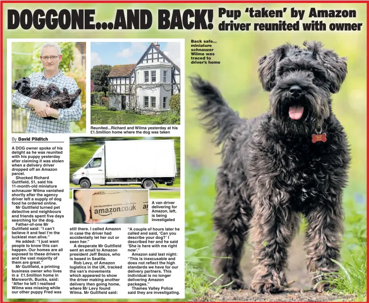  ?? Pictures: EAST NEWS ?? Reunited... Richard and Wilma yesterday at his £ 1.5million home where the dog was taken A van driver delivering for Amazon, left, is being investigat­ed Back safe... miniature schnauzer Wilma was traced to driver’s home