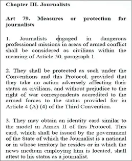  ?? (Pic: Mfanukhona Nkambule) ?? An excerpt from the Geneva Convention on protection of journalist­s during hostilitie­s.
