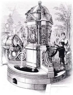  ?? COURTESY OF FRANK LESLIE’S SUNDAY MAGAZINE ?? This 1881 magazine illustrati­on shows a fountain in Manhattan that quenched the thirst of humans, who could take a cupful, horses and dogs, which drank from bowls at the base.