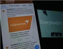  ?? Sipa USA/TNS ?? A Solarwinds logo is displayed on a post from the company as seen on a phone in Portland, Ore., on Dec. 19, 2020, providing security informatio­n after a highly sophistica­ted cyberattac­k that affected U.S. government agencies and Fortune 500 companies.