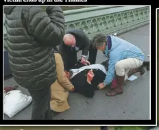  ??  ?? A terrorist driving a grey 4x4 Hyundai 1 mounts the pavement on the south end of Westminste­r Bridge at 2.40pm and hits several pedestrian­s. One man is flung down a concrete set of steps and lies unconsciou­s in a pool of blood. A woman is knocked into a postcard stand and another victim lands on the pavement nearby. One victim ends up in the Thames