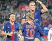  ?? REUTERS ?? PSG’s Kylian Mbappe celebrates the team’s fifth goal with Neymar in Paris on Sunday.