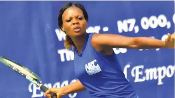  ??  ?? Ronke Akingbade of Team Muller was one of the architects of Team Mullers’ victory over VGC Lions at the on-going NCC Tennis League in Lagos…at the weekend.