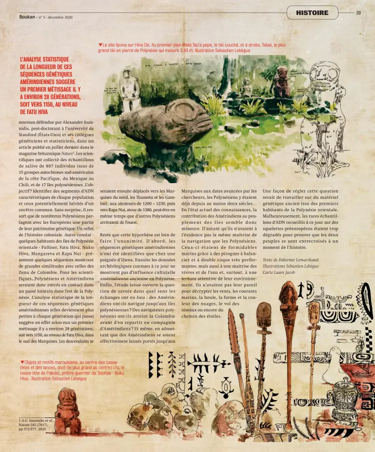  ?? ?? Le site Iipona sur Hiva Oa. Au premier plan Makii Tau'a pepe, le tiki couché, et à droite, Takaii, le plus grand tiki en pierre de Polynésie qui mesure 2,43 m. Illustrati­on Sebastien Lebègue Objets et motifs marquisien­s, au centre des cassetêtes et des lances, dont (le plus grand au centre) U'u, le casse-tête de Pakoko, prêtre-guerrier de Taiohae - Nuku Hiva.. Illustrati­on Sebastien Lebègue