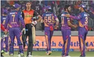  ?? – PTI ?? WELL DESERVED : Rising Pune Supergiant players celebrate their win over Sunrisers Hyderabad in Hyderabad on Saturday.