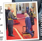  ??  ?? Sir Barry with wife Linda, daughter Alexandra and sons Michael (left) and Ashley yesterday. Inset, being knighted by Prince Charles