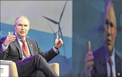  ?? MELISSA PHILLIP / HOUSTON CHRONICLE ?? Environmen­tal Protection Agency Administra­tor Scott Pruitt speaks Thursday during the CERAWeek global energy conference in Houston. Opponents attacked Pruitt’s remarks to CNBC’s “Squawk Box” about the role of carbon dioxide in climate change.