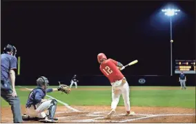  ?? Hassan niblet ?? Sonoravill­e senior Zach Lyles delivers the shot heard around the town Monday with the three-run homer that gave them a 6-3 walkoff win over Woodland Monday night a couple of hours after the ribbon-cutting ceremony was held on their field.