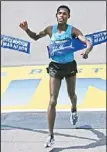  ??  ?? Lelisa Desisa, of Ethiopia, breaks the finish line tape to win the 2013 running of the Boston Marathon in
Boston, April 15. (AP)