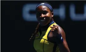  ?? Schmiedlov­a. Photograph: Edgar Su/Reuters ?? Coco Gauff celebrates after wrapping up her first-round victory over Anna Karolina