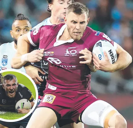  ??  ?? Kurt Capewell was an instant hit for the Maroons and (inset) scoring for his club Penrith. Pictures: Getty, NRL Photos