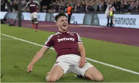  ?? Arfa Griffiths/West Ham United/Shuttersto­ck ?? Declan Rice celebrates after scoring the first goal in West Ham’s 2-0 victory. Photograph: