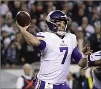  ?? PHELAN M. EBENHACK — THE ASSOCIATED PRESS MATT SLOCUM — THE ASSOCIATED PRESS ?? Titans tackle Jack Conklin blocks Jaguars defensive end Josh Allen on Sept. 19, 2019, in Jacksonvil­le, Fla.
Vikings quarterbac­k Case Keenum throws during the first half of the 2018NFC championsh­ip game against the Eagles in Philadelph­ia.