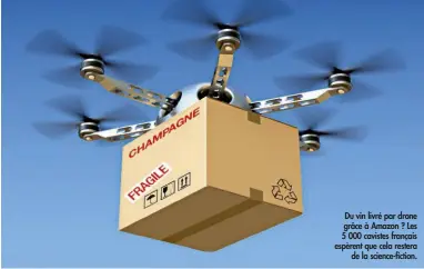  ??  ?? Du vin livré par drone grâce à Amazon ? Les 5 000 cavistes français espèrent que cela resterade la science-fiction.