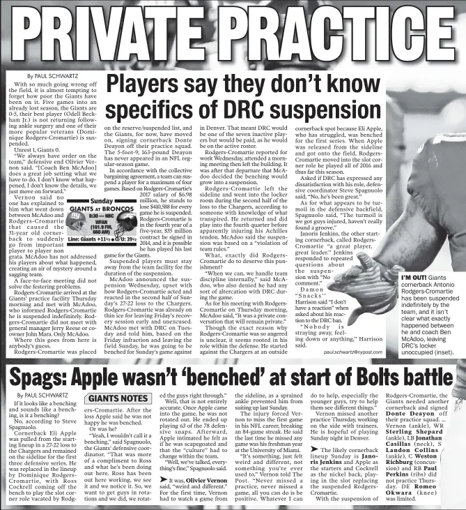  ??  ?? I’M OUT! Giants cornerback Antonio Rodgers-Cromartie has been suspended indefinite­ly by the team, and it isn’t clear what exactly happened between he and coach Ben McAdoo, leaving DRC’s locker unoccupied (inset).