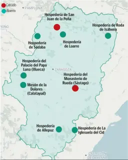  ?? Fuente: Hospedería­s de Aragón HERALDO ?? Hospedería de San Juan de la Peña
Hospedería de Sádaba
Hospedería del Palacio del Papa Luna (Illueca)
Mesón de la
Dolores (Calatayud)
Hospedería de Allepuz
Hospedería de Loarre
Hospedería del Monasterio de Rueda (Sástago)
Hospedería de Roda de Isábena
Hospedería de La Iglesuela del Cid