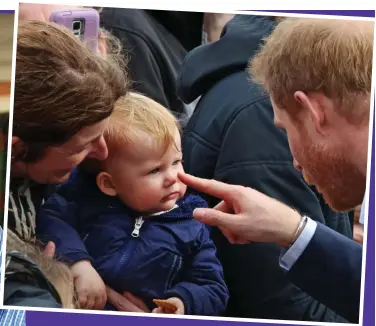  ??  ?? Prince of fun: The child in Harry was never more apparent than when he made time to entertain the babies in the crowds during his and Meghan’s royal tour of New Zealand last year