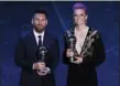  ?? ANTONIO CALANNI — THE ASSOCIATED PRESS ?? Argentinia­n Barcelona player Lionel Messi poses with United States forward Megan Rapinoe after they received the Best FIFA Men’s, Women’s player award during the Best FIFA soccer awards ceremony, in Milan’s La Scala theater on Monday.
