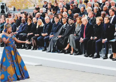  ?? AFP ?? Beninese singer Angelique Kidjo performs in front of heads of state and government at the Arc de Triomphe in Paris yesterday, as part of the commemorat­ions marking the centenary of the November 11, 1918, Armistice that ended the First World War.