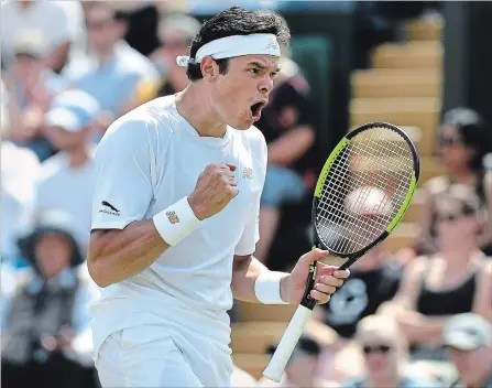  ?? MIKE HEWITT GETTY IMAGES ?? Milos Raonic needed a medical timeout to attend to a left-calf issue during his second-round victory at Wimbledon on Wednesday.
