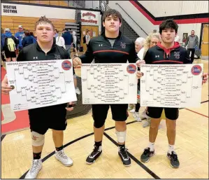  ?? Submitted photo ?? McDonald County district champion wrestlers (from left), Samuel Murphy (215 pounds), Jayce Hitt (285) and Blaine Ortiz (138) show off the brackets of their respective weight classes after finishing first at the Class 3 District 3 Tournament at Carl Junction on Saturady. All three will be participat­ing this week in the Class 3 State Tournament at Mizzou Arena in Columbia.