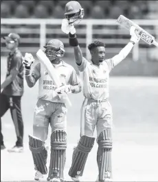  ?? ?? Kavem Hodge, left, scored his first ton of this year’s Super50 Cup while Alick Athanaze raises his bat for his second century in successive matches. (Photo courtesy Cricket West Indies Twitter)