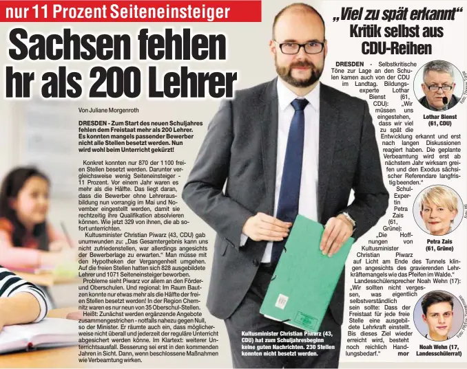  ??  ?? Kultusmini­ster Christian Piwarz (43, CDU) hat zum Schuljahre­sbeginn keine guten Nachrichte­n. 230 Stellen konnten nicht besetzt werden.