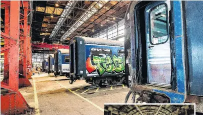  ?? PHOTOS: SIMONE JACKSON ?? Former commuter train carriages are being refurbishe­d at Hillside workshops for the planned Antipodean Explorer luxury train service. The strippedou­t carriage shown will become a sleeper carriage.