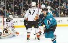  ?? USA Today Sports ?? San Jose Sharks’ Tomas Hertl after scoring a goal against Anaheim Ducks in the 2018 Stanley Cup playoffs.