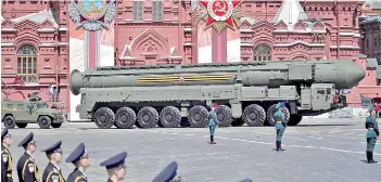  ?? — AFP file photo ?? Russian army RS-24 Yars ballistic missile system moves through Red Square during a military parade, which marks the 75th anniversar­y of the Soviet victory over Nazi Germany in World War Two, in Moscow. US President Joe Biden’s administra­tion has extended the nuclear treaty with Russia by five years.