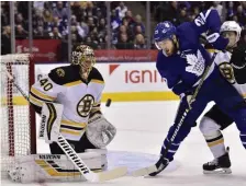  ?? ASSOCIATED PRESS ?? EYE ON THE PRIZE: Tuukka Rask makes a save during the Bruins’ win in Toronto Saturday night.